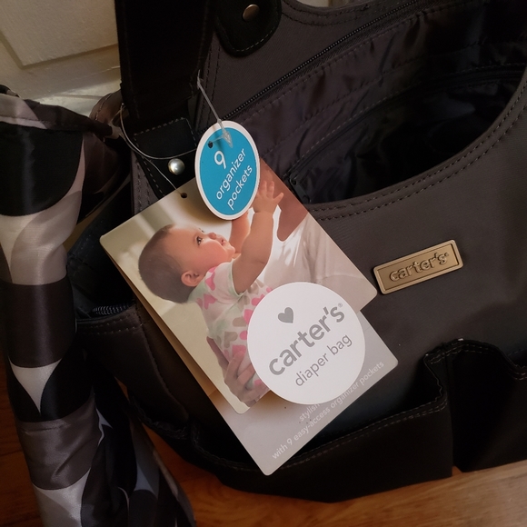 NWT Carter's Tote Diaper Bag with Changing Pad, Black and Gray, 9 Pockets - Picture 2 of 9